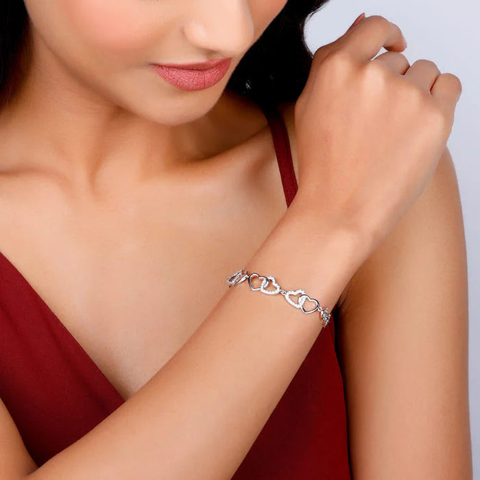 Silver Interlocked Heart Duo Bracelet